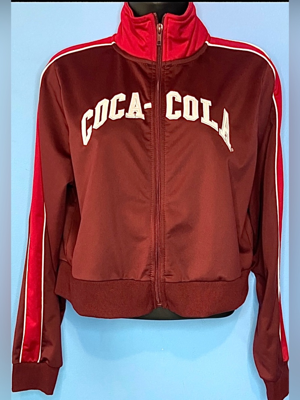 Coca Cola Women's Maroon and Red Track Bomber Jacket